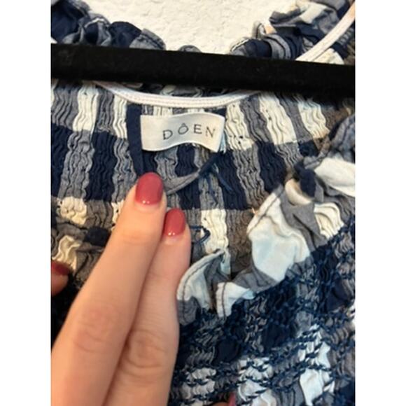 DÔEN Whisper Dress Blue White Gingham Embroidered Midi Dress - Picture 4 of 9